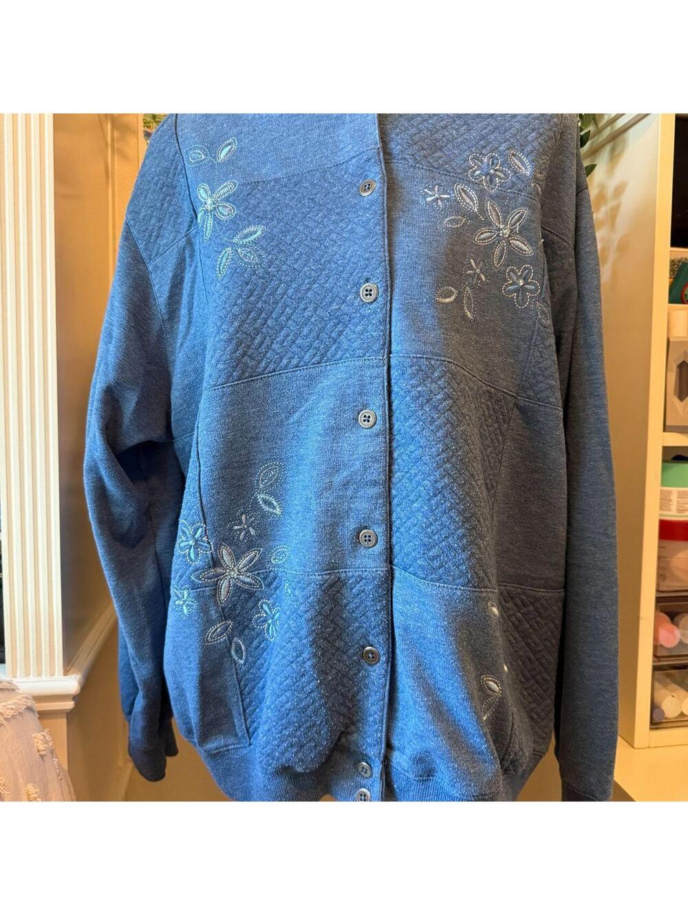 Alfred Dunner Blue Quilted Floral Embroidered Sweatshirt Jacket